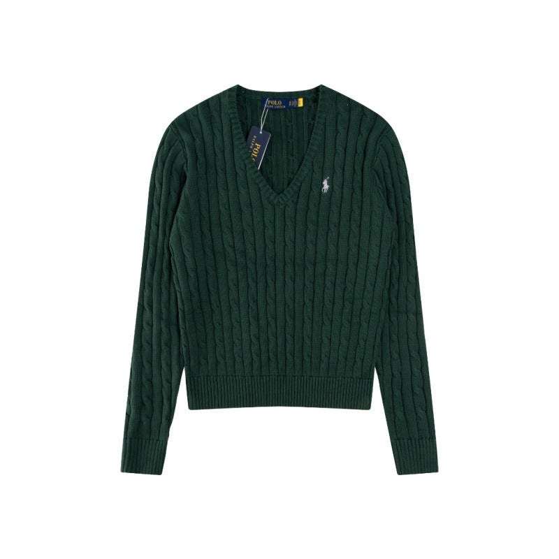 Classic Rl Small Logo Embroidered V-Neck Pullover Cable Knit Cardigan Sweater For Women, Loose Fit, Slimming, Trendy Outerwear For Men - Image 3
