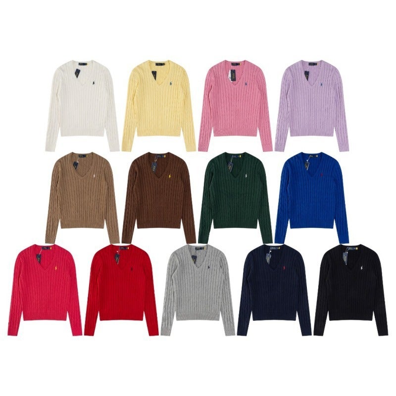 Classic Rl Small Logo Embroidered V-Neck Pullover Cable Knit Cardigan Sweater For Women, Loose Fit, Slimming, Trendy Outerwear For Men - Image 2
