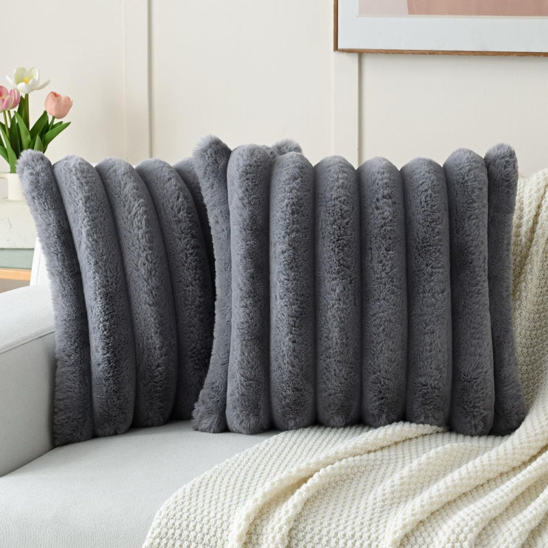 Futei Gray Decorative Throw Conval Covering 24 × 24 بوصة مجموعة من 2 مربع ناعم فو ، فرو فرو كبير مخطط وسادة شام المنزل لأريكة أريكة غرفة المعيشة - Image 1