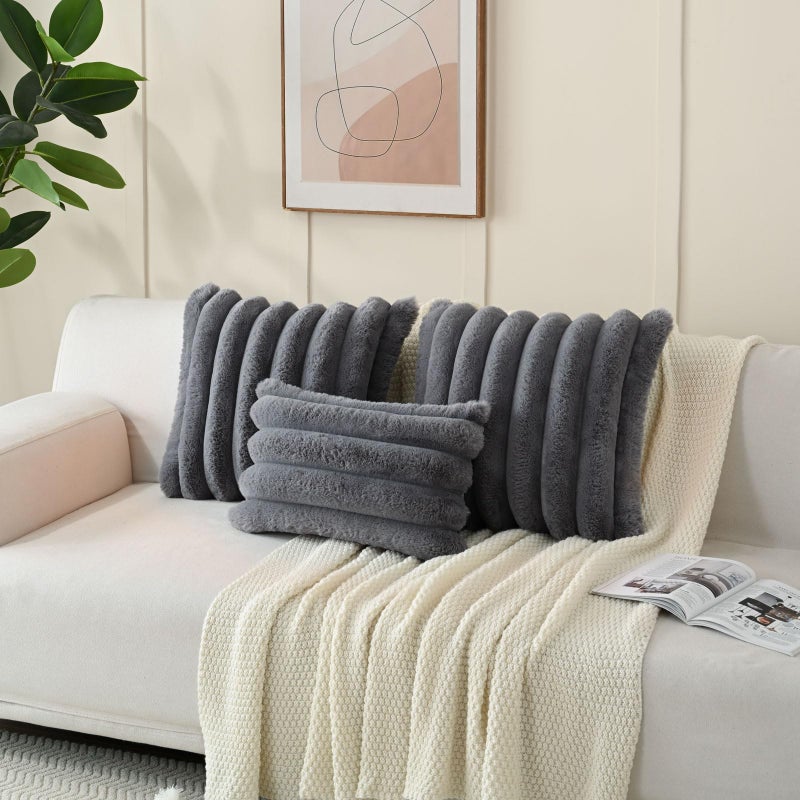 Futei Gray Decorative Throw Conval Covering 24 × 24 بوصة مجموعة من 2 مربع ناعم فو ، فرو فرو كبير مخطط وسادة شام المنزل لأريكة أريكة غرفة المعيشة - Image 5