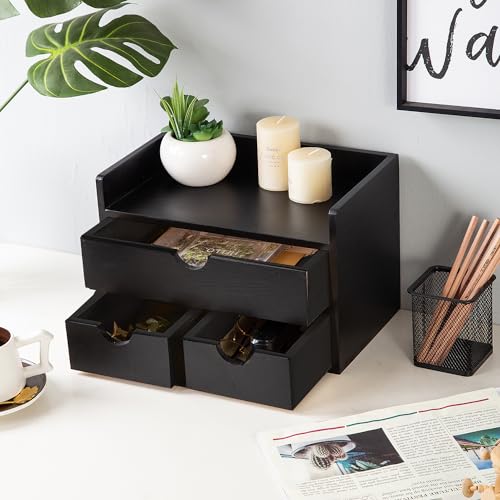 VERGOODR Rustic Distressed white 3-Tier Wood Desk Organizer with 3 Drawers Mini Storage Shelf For Desk, Toiletries Vanity Office Supplies (Black) - Image 2