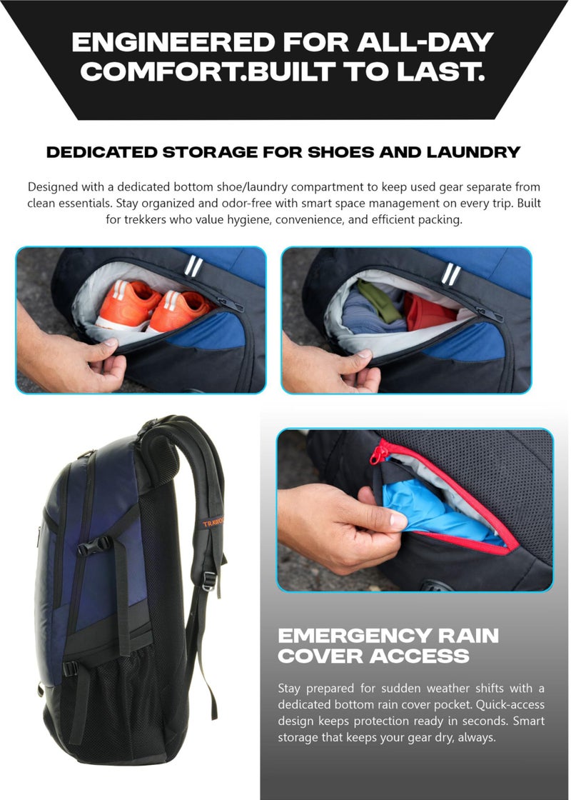 TRAWOC FALCON 40 Litre Travel Backpack Laptop Backpack for Men and Women, Casual Daypack with Rain Cover Hiking, Trekking, Travelling Bag Navy Blue, LHK005 - Image 4