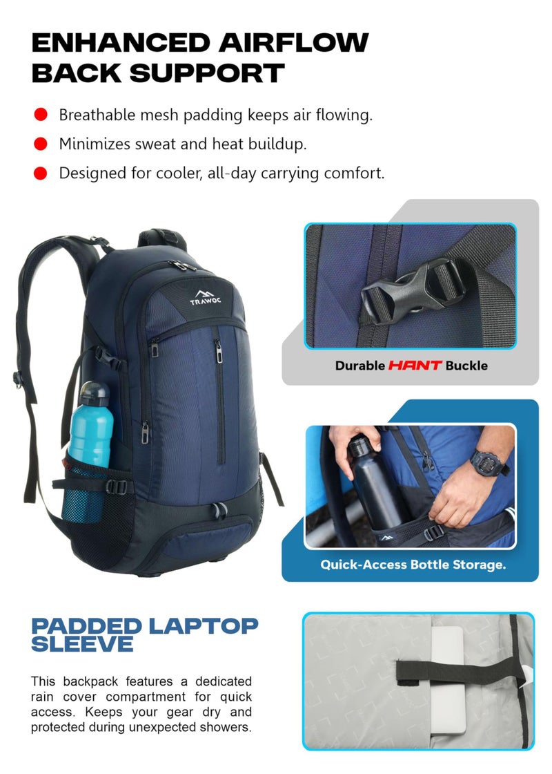 TRAWOC FALCON 40 Litre Travel Backpack Laptop Backpack for Men and Women, Casual Daypack with Rain Cover Hiking, Trekking, Travelling Bag Navy Blue, LHK005 - Image 5