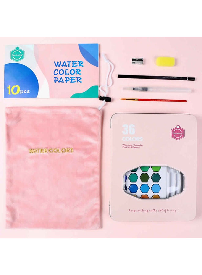 NIBEMINENT Watercolor Paint Set 36 Assorted Colors Solid Water Color Pigment With Brush Paintbrush Pencil Sponge Paper Art Supplies For Artists Beginners Students Adults Drawing Painting Coloring Pink - Image 1