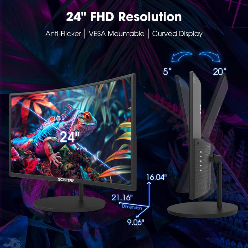 Sceptre جديد! شاشة ألعاب من سبيكتر مقاس 24 بوصة منحنية 100 هرتز 1080 بكسل R1500 98% sRGB HDMI x2 VGA مكبرات صوت مدمجة، تركيب على الحائط VESA، لون أسود 2026 (سلسلة C248W-1920RN) - Image 3