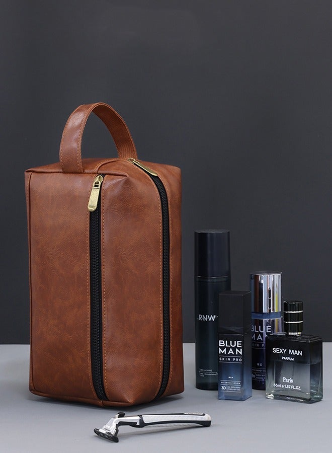 ليمون حقيبة سفر لأدوات النظافة للرجال، مصنوعة من جلد البولي يوريثان، مع حقيبة تنظيم إلكترونية، ومجموعة أدوات زينة مقاومة للماء لرحلات العمل والسباحة والتخييم، باللونين الأسود والبني. - Image 4