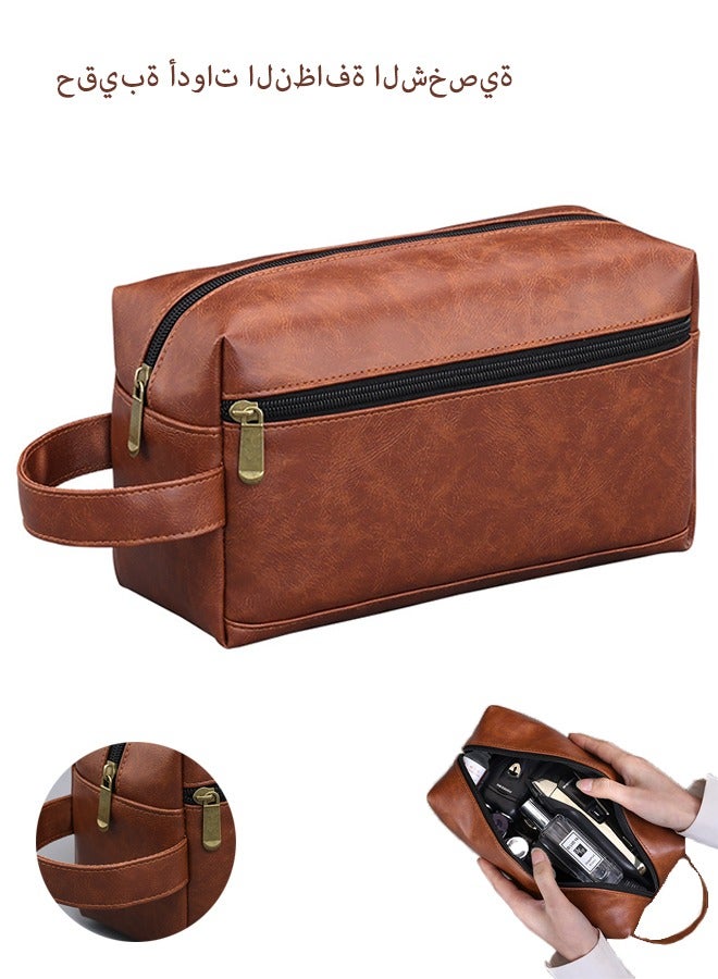 ليمون حقيبة سفر لأدوات النظافة للرجال، مصنوعة من جلد البولي يوريثان، مع حقيبة تنظيم إلكترونية، ومجموعة أدوات زينة مقاومة للماء لرحلات العمل والسباحة والتخييم، باللونين الأسود والبني. - Image 1