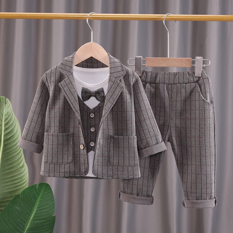 Boys fake four-piece suit set 2022 new childrens autumn Western style childrens thin baby bow tie suit British style X long plaid suit Fake Four pieces Gray 