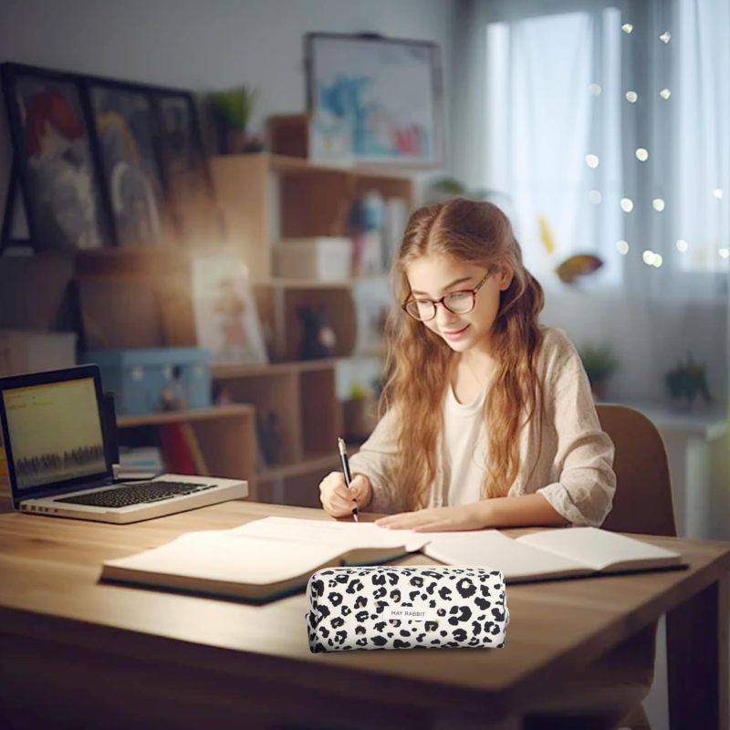 Large Capacity Pencil Case: Black Soft Corduroy With White Leopard Print - Double Zipper Closure Stationery Organizer for Teenage Girls, School & Art Class Supplies - Image 4