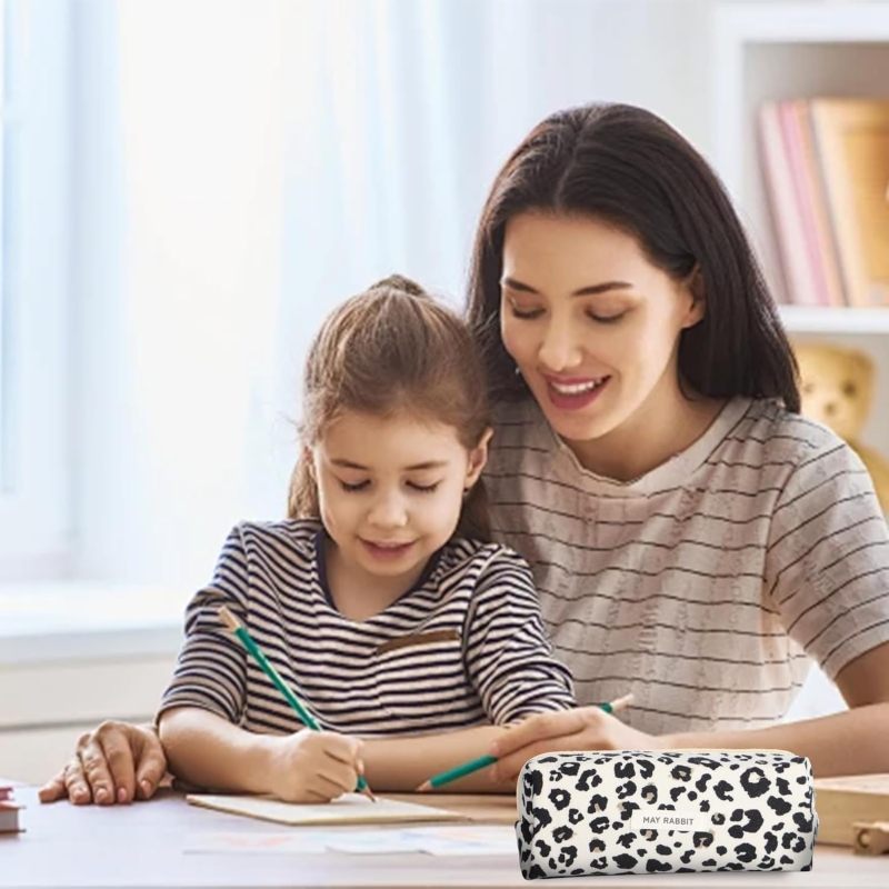 Large Capacity Pencil Case: Black Soft Corduroy With White Leopard Print - Double Zipper Closure Stationery Organizer for Teenage Girls, School & Art Class Supplies - Image 5