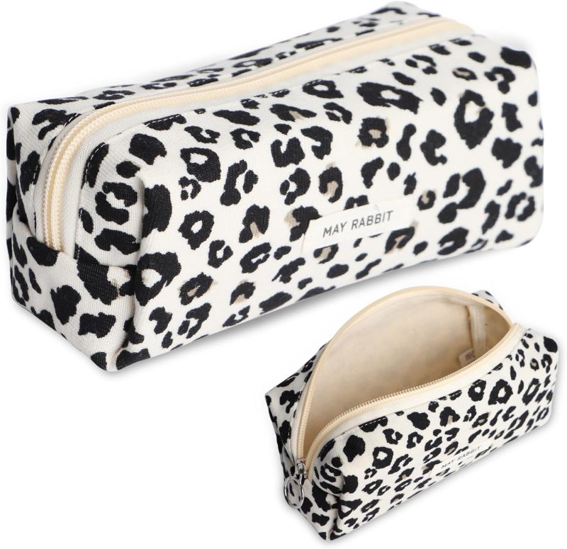 Large Capacity Pencil Case: Black Soft Corduroy With White Leopard Print - Double Zipper Closure Stationery Organizer for Teenage Girls, School & Art Class Supplies - Image 1