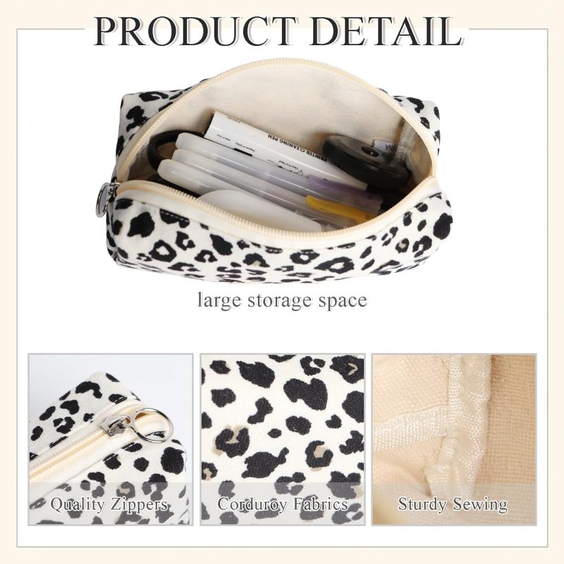 Large Capacity Pencil Case: Black Soft Corduroy With White Leopard Print - Double Zipper Closure Stationery Organizer for Teenage Girls, School & Art Class Supplies - Image 3