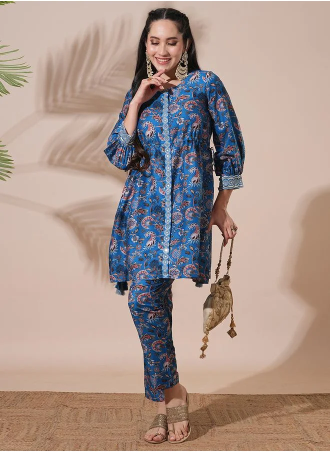 globus Globus Floral Print Drawstring Detail Tunic with Mid-Rise Narrow Pants Co-Ords