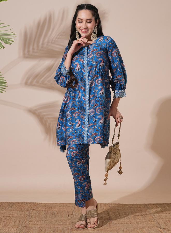 globus Floral Print Drawstring Detail Tunic with Mid-Rise Narrow Pants Co-Ords - Image 1