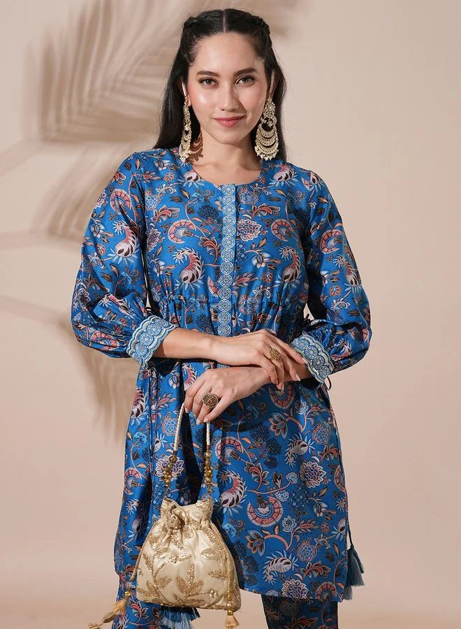 globus Floral Print Drawstring Detail Tunic with Mid-Rise Narrow Pants Co-Ords