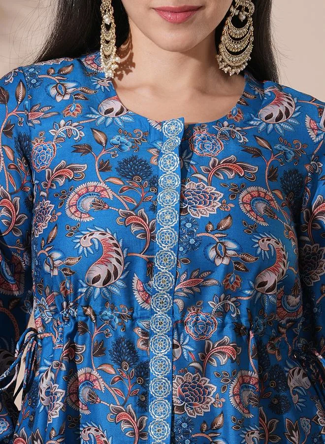 globus Floral Print Drawstring Detail Tunic with Mid-Rise Narrow Pants Co-Ords