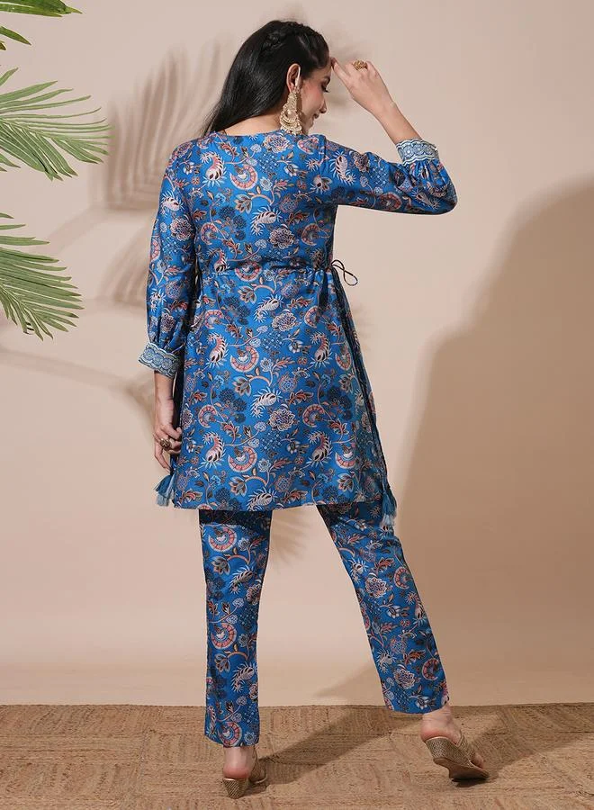 globus Floral Print Drawstring Detail Tunic with Mid-Rise Narrow Pants Co-Ords