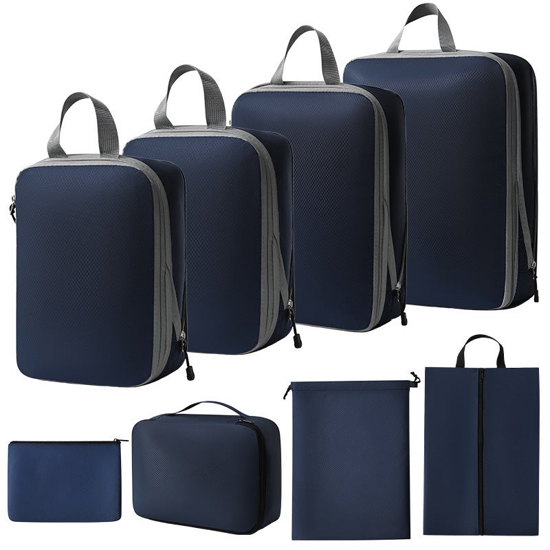 Travel Organizer Packing Cubes LuggageThree-piece set + s + shoe bag + bra bag + flat pocket + drawstring pocket (navy blue eight-piece set) Three-piece set + s + shoe bag + bra bag + flat pocket + drawstring pocket (navy blue eight-piece set)