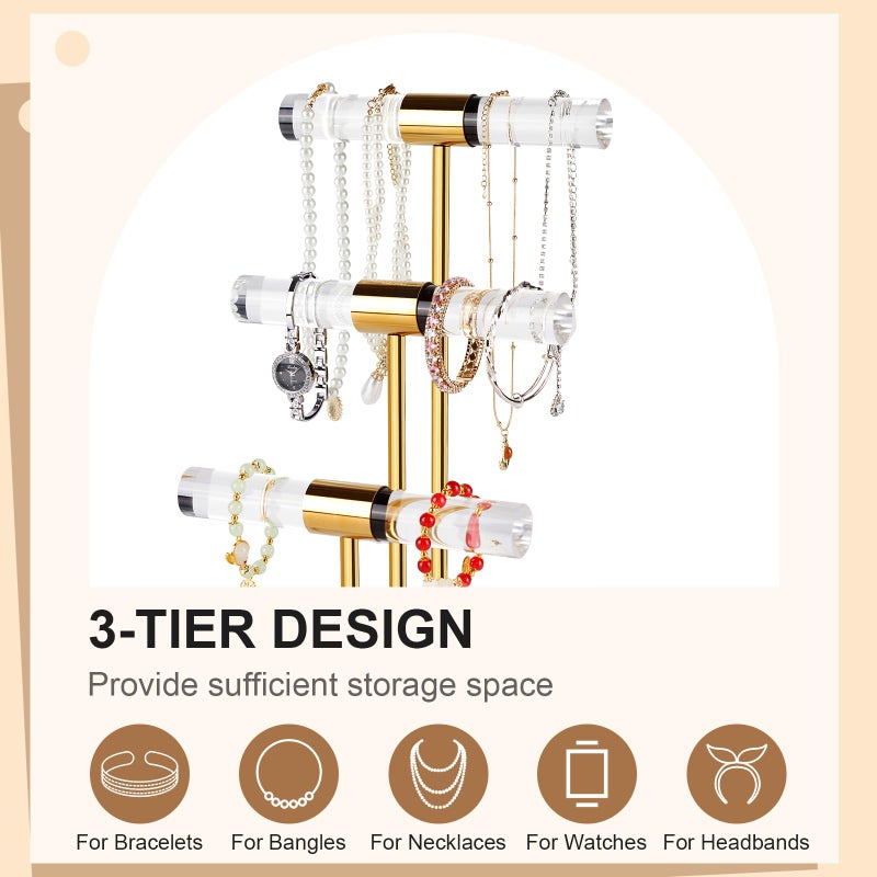Jolboldy 3-Tier Necklace Holder Bracelet Holder, Gold Acrylic Jewelry Display Stand Crystal T Bar Jewelry Organizer Gift for Women - Image 2
