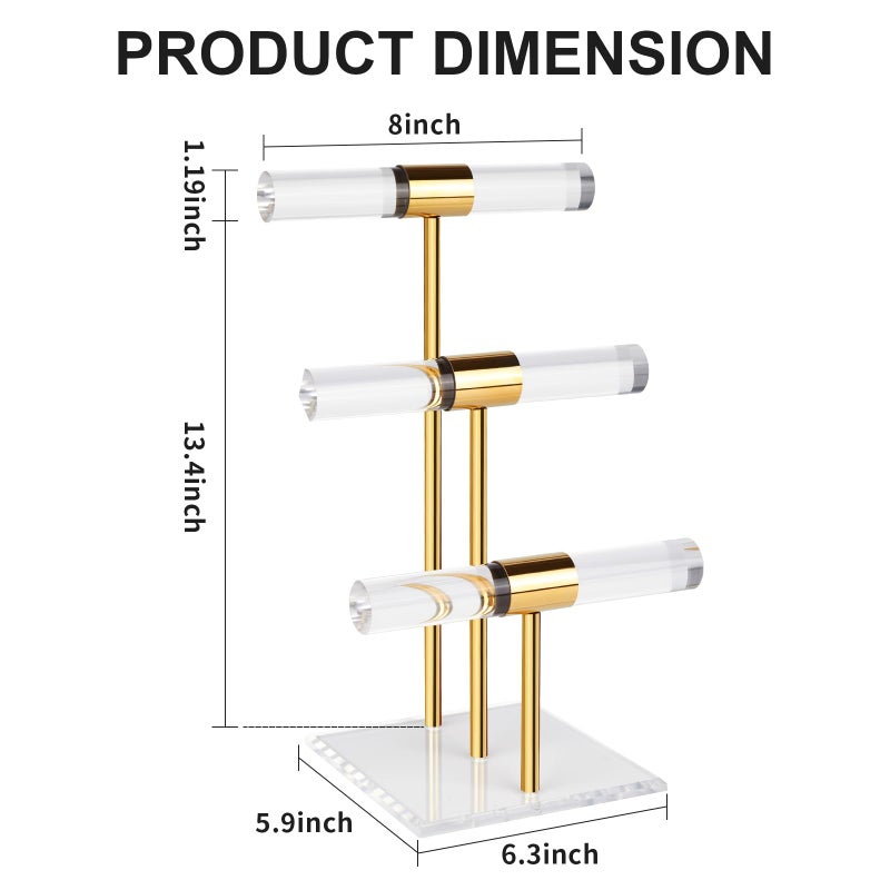 Jolboldy 3-Tier Necklace Holder Bracelet Holder, Gold Acrylic Jewelry Display Stand Crystal T Bar Jewelry Organizer Gift for Women - Image 3