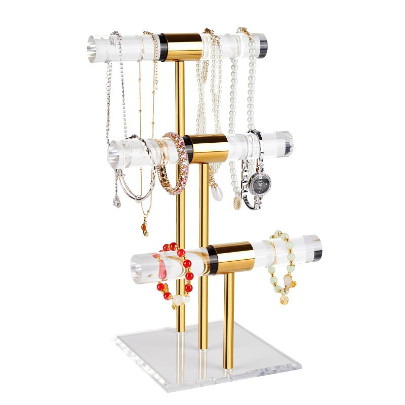 Jolboldy 3-Tier Necklace Holder Bracelet Holder, Gold Acrylic Jewelry Display Stand Crystal T Bar Jewelry Organizer Gift for Women - Image 1