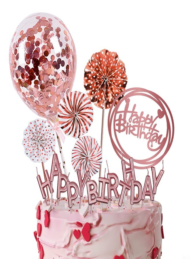 IEALODS Rose Gold Cake Decoration with Happy Birthday Candles, Acrylic Birthday Cake Topper, Confetti Balloon and Paper Fans for Rose Gold Theme Birthday Party Decor Girl Women - Image 1