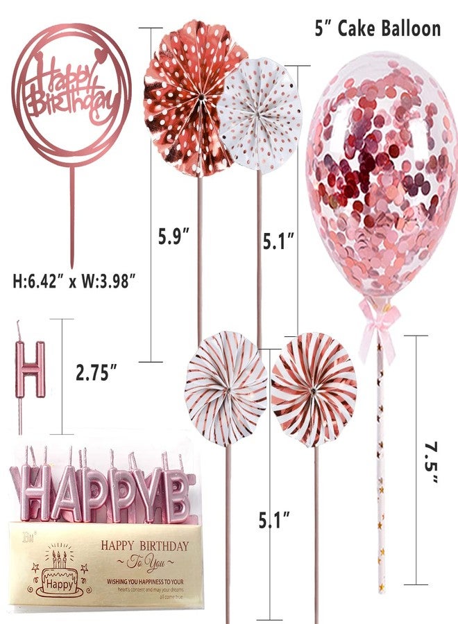 IEALODS Rose Gold Cake Decoration with Happy Birthday Candles, Acrylic Birthday Cake Topper, Confetti Balloon and Paper Fans for Rose Gold Theme Birthday Party Decor Girl Women - Image 2
