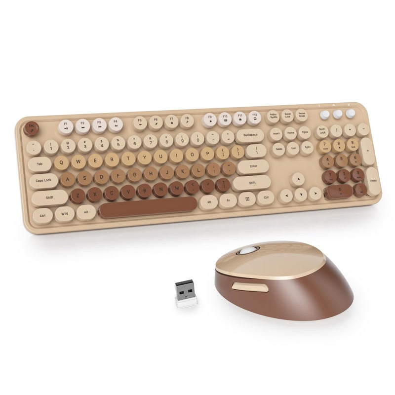 Owpkeenthy Brown Keyboard and Mouse Wireless, Cute Colorful Typewriter Keyboard Full-Sized with Number Pad Round Keycaps for Desktop, Laptop and Computer(Gradient Brown) - Image 1