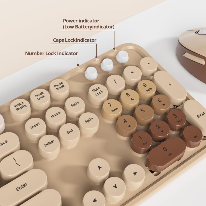 Owpkeenthy Brown Keyboard and Mouse Wireless, Cute Colorful Typewriter Keyboard Full-Sized with Number Pad Round Keycaps for Desktop, Laptop and Computer(Gradient Brown) - Image 3