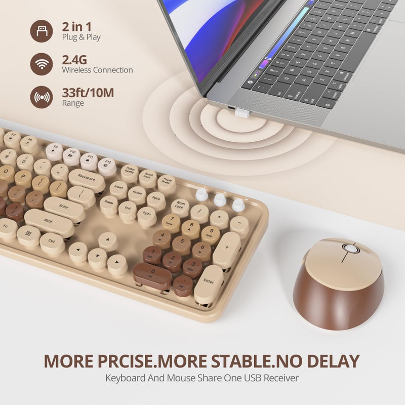 Owpkeenthy Brown Keyboard and Mouse Wireless, Cute Colorful Typewriter Keyboard Full-Sized with Number Pad Round Keycaps for Desktop, Laptop and Computer(Gradient Brown) - Image 4