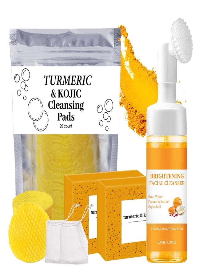 KTouler Turmeric Wash and Care 3 Piece Set,Turmeric Face Wash with Brush,Foaming Facial Cleanser&2Bars of Lemon Soap&20pcs Cleansing Pads&2 Bubble Nets,Facial Kit for Women,3.38 Fl Oz/pcs - Image 1