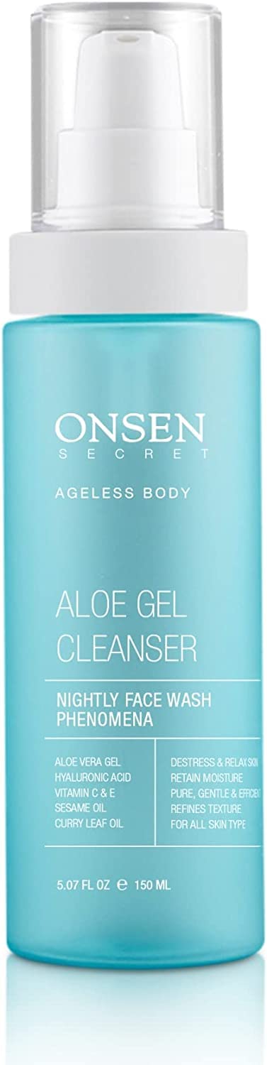 Onsen Secret Japanese Aloe Vera Face Wash Premium Nightly Facial Cleanser for Makeup Removal Heals Dry Sensitive Skin Hyaluronic Acid Curry Leaf Oil Vitamin C E Gel Cleanser