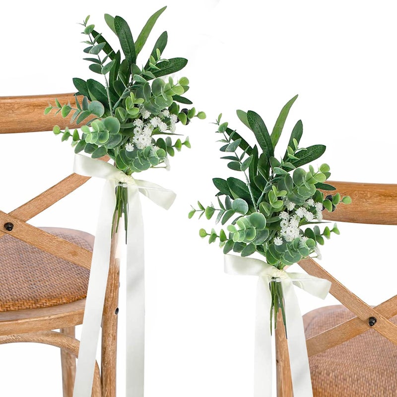 Rinlong 6Pcs Wedding Aisle Decor Church Bench Outdoor Wedding Chair Bench Pew Bows for Wedding Ceremony Artificial Eucalyptus Aisle Decorations