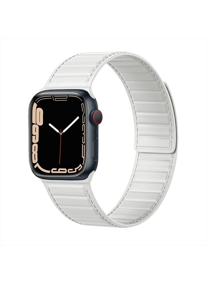 LKEITY - Magnetic Leather Bands Compatible with Apple Watch Band 49mm 45mm 44mm 42mm, Thin Leather Link Loop Replacement Wristband with Strong Magnet for iWatch SE SE2& Series 8/7/6/5/4/3. Men Women Chalk - Image 1