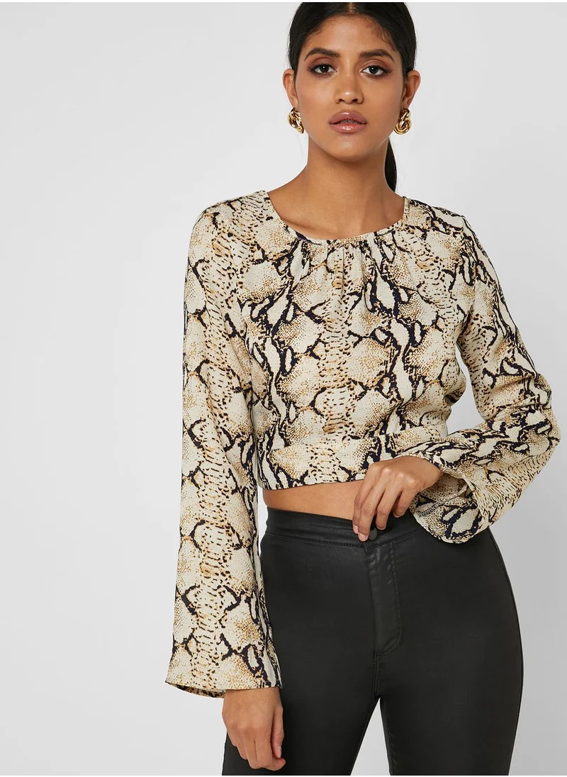 ELLA Snake Print Open Tie Back Crop Top