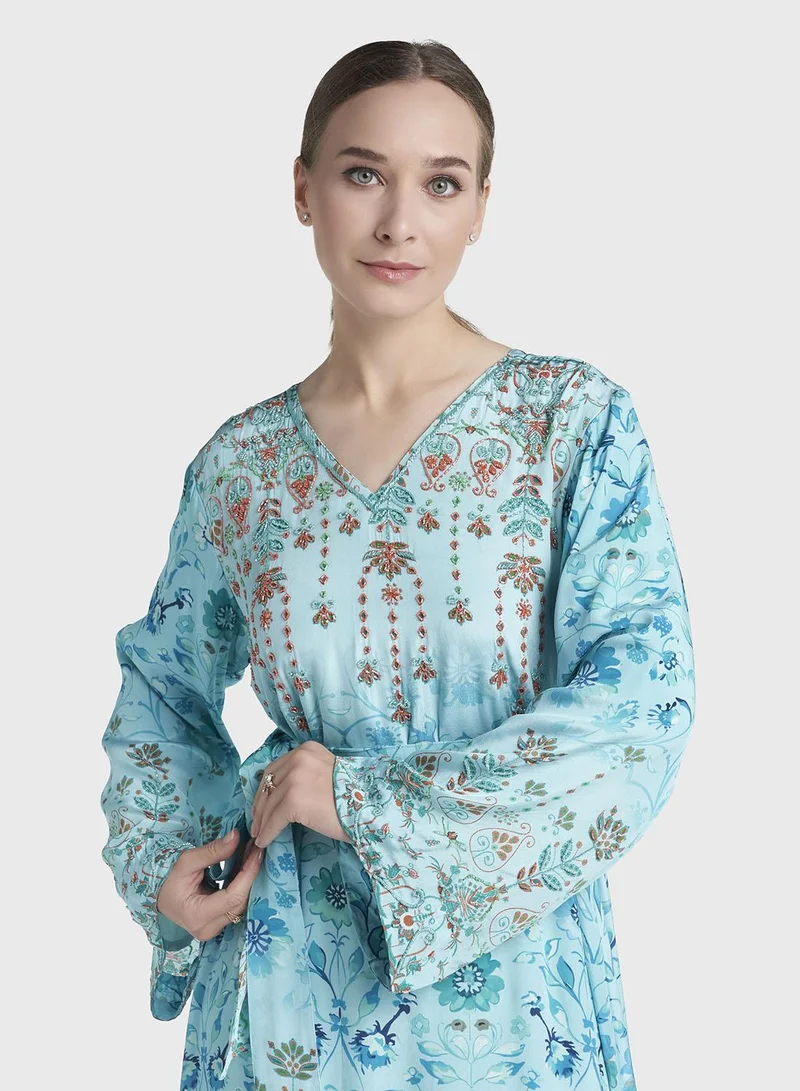 كشخة Aqua Blue Colour Hand Work Viscose Crepe Floral Printed Dress (VDC172A)