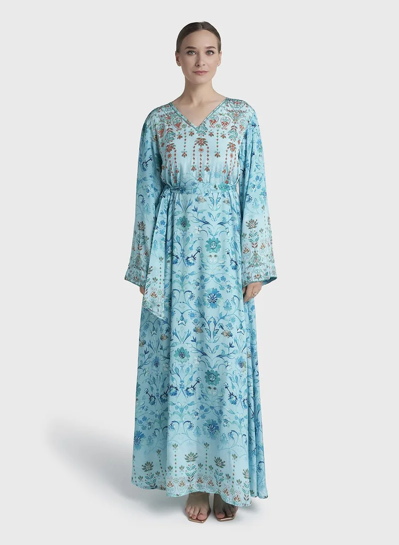 كشخة Aqua Blue Colour Hand Work Viscose Crepe Floral Printed Dress (VDC172A)