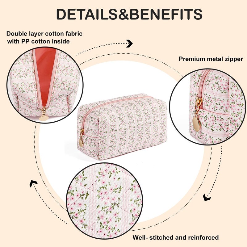 Whhjm Cute Floral Makeup Bag Small Cotton Quilted Cosmetic Bag  Aesthetic Essential Bag Toiletry Period Bag For Women Travel Accessories (Pink Floral) - Image 4