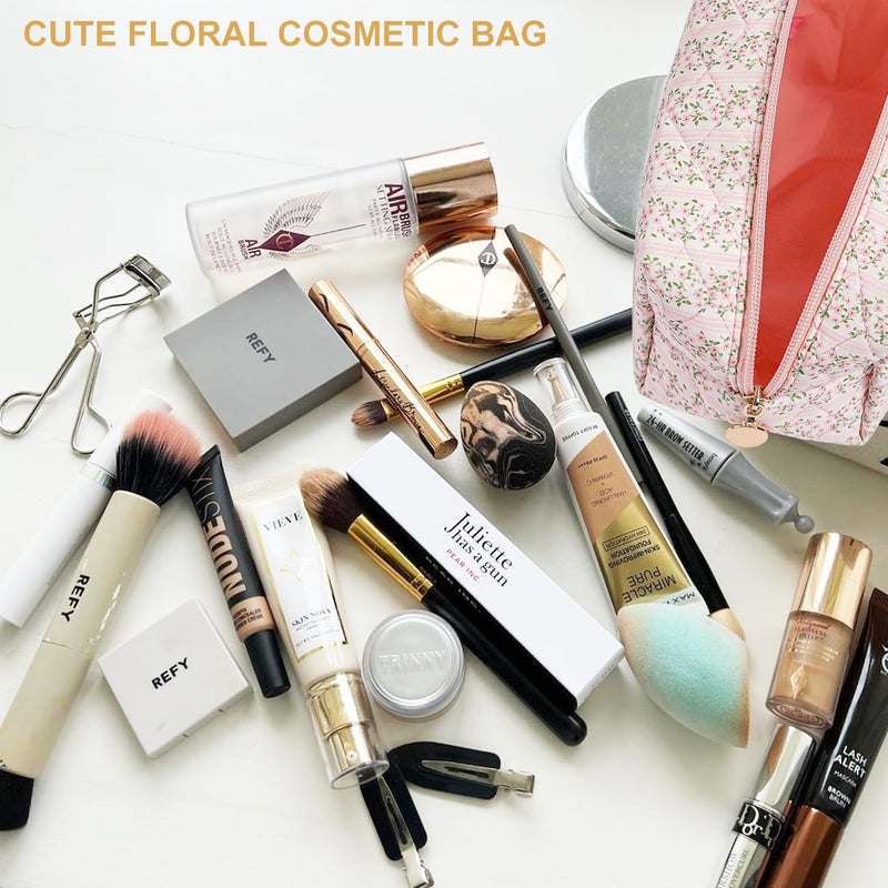 Whhjm Cute Floral Makeup Bag Small Cotton Quilted Cosmetic Bag  Aesthetic Essential Bag Toiletry Period Bag For Women Travel Accessories (Pink Floral) - Image 5