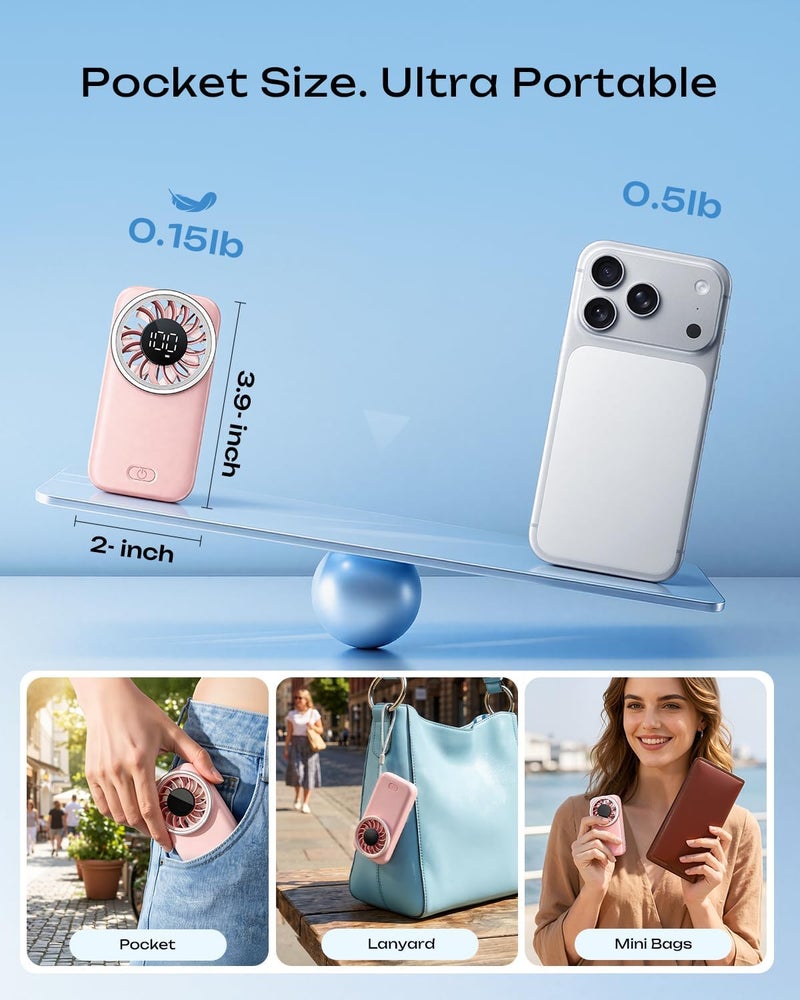 Otlonpe Mini Fan Handheld, Portable Pocket Fan USB Rechargeable, LED Display, 3-Speed, Slim and Lightweight, Folding Stand, Small Personal Hand Held Fans Summer Travel Essentials (Pink) - Image 3