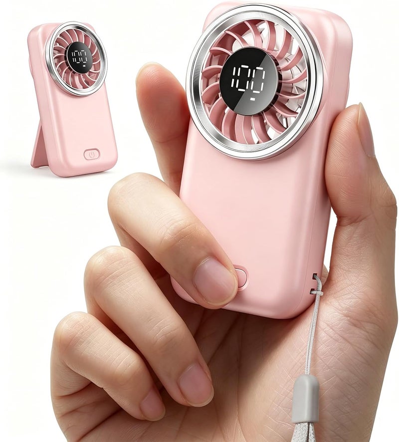Otlonpe Mini Fan Handheld, Portable Pocket Fan USB Rechargeable, LED Display, 3-Speed, Slim and Lightweight, Folding Stand, Small Personal Hand Held Fans Summer Travel Essentials (Pink) - Image 1