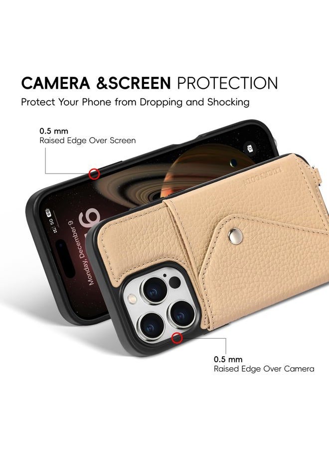 LUCKYCOIN for iPhone 16 Pro Case for Women,Crossbody Flip Wallet Phone Case with Expandable Flip Card Holder,Genuine Leather Cell Phone Purse with Strap,Compatible with iPhone 16 Pro 6.3" 2024 Beige - Image 3