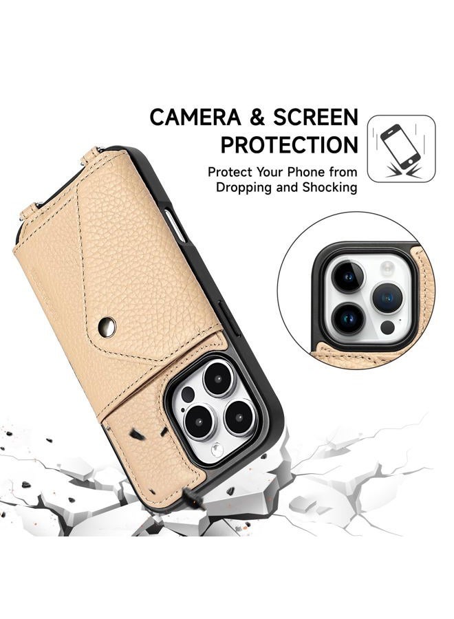 LUCKYCOIN for iPhone 16 Pro Case for Women,Crossbody Flip Wallet Phone Case with Expandable Flip Card Holder,Genuine Leather Cell Phone Purse with Strap,Compatible with iPhone 16 Pro 6.3" 2024 Beige - Image 4