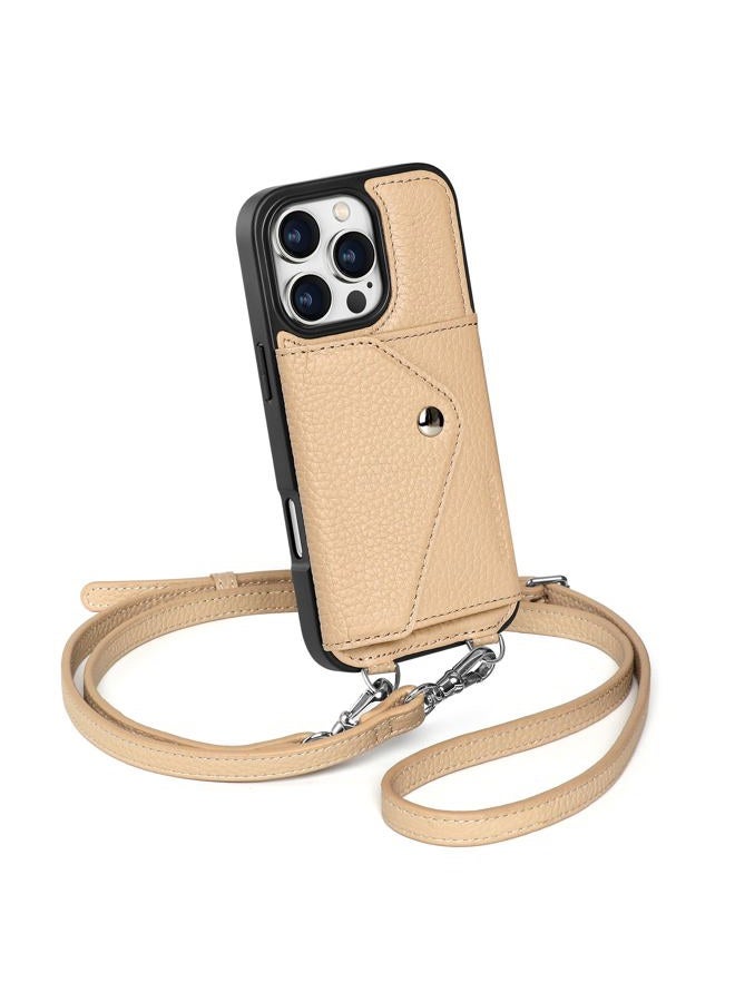 LUCKYCOIN for iPhone 16 Pro Case for Women,Crossbody Flip Wallet Phone Case with Expandable Flip Card Holder,Genuine Leather Cell Phone Purse with Strap,Compatible with iPhone 16 Pro 6.3" 2024 Beige - Image 1