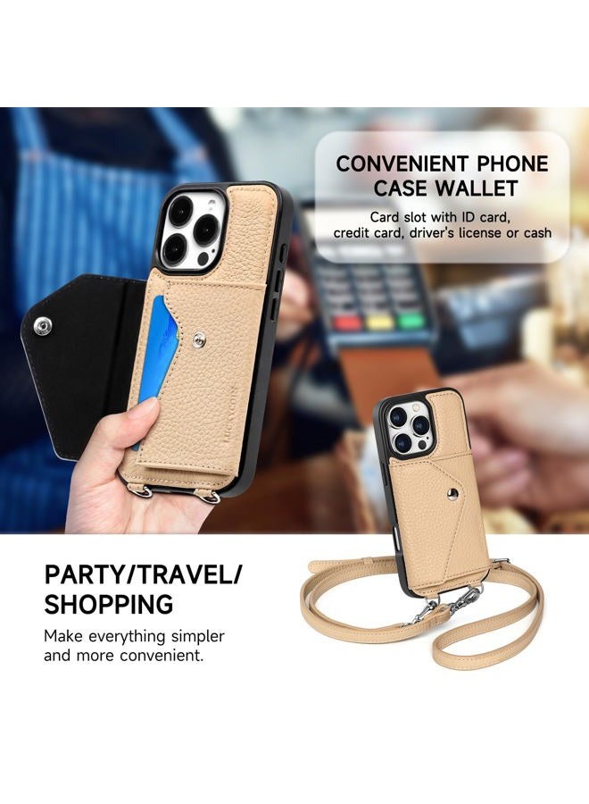 LUCKYCOIN for iPhone 16 Pro Case for Women,Crossbody Flip Wallet Phone Case with Expandable Flip Card Holder,Genuine Leather Cell Phone Purse with Strap,Compatible with iPhone 16 Pro 6.3" 2024 Beige - Image 5