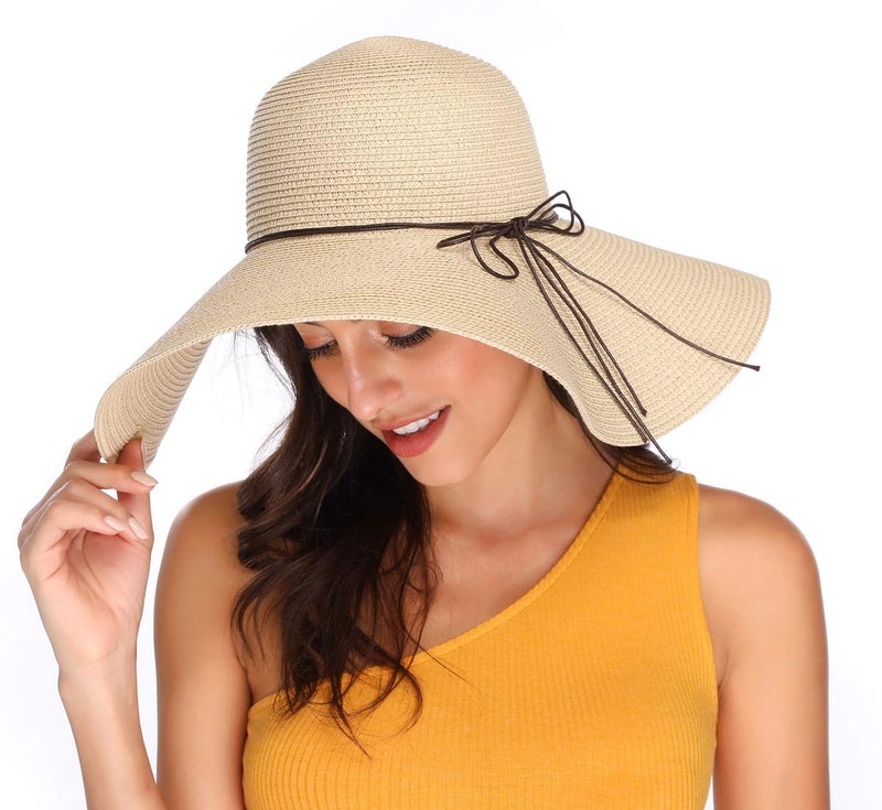 Lanzom Womens Wide Brim Straw Hat Big Floppy Foldable Roll up Cap Beach Sun Hat UPF 50+(String-Beige) - Image 2