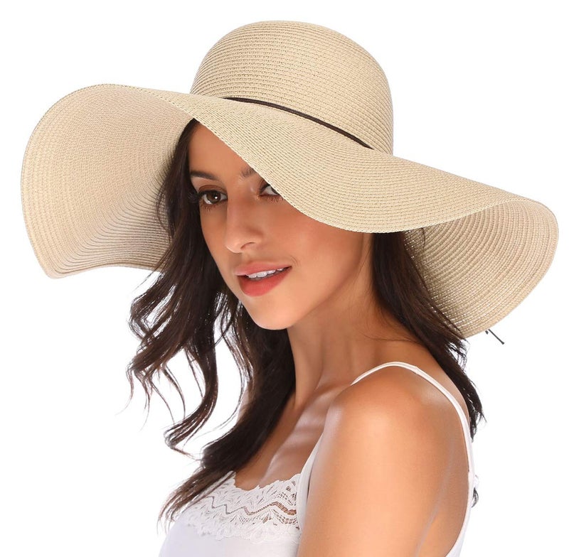 Lanzom Womens Wide Brim Straw Hat Big Floppy Foldable Roll up Cap Beach Sun Hat UPF 50+(String-Beige) - Image 1