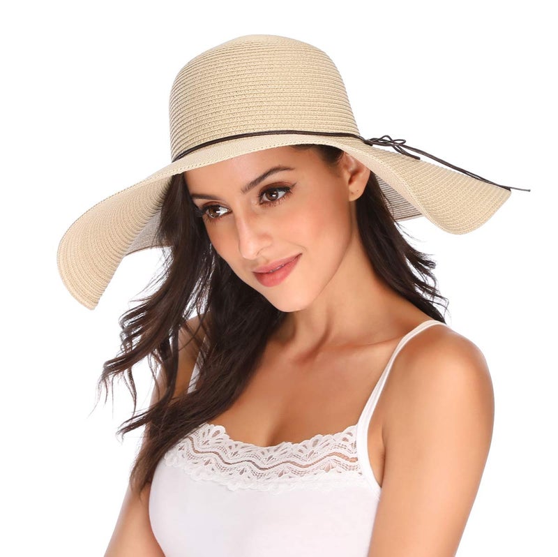 Lanzom Womens Wide Brim Straw Hat Big Floppy Foldable Roll up Cap Beach Sun Hat UPF 50+(String-Beige) - Image 3