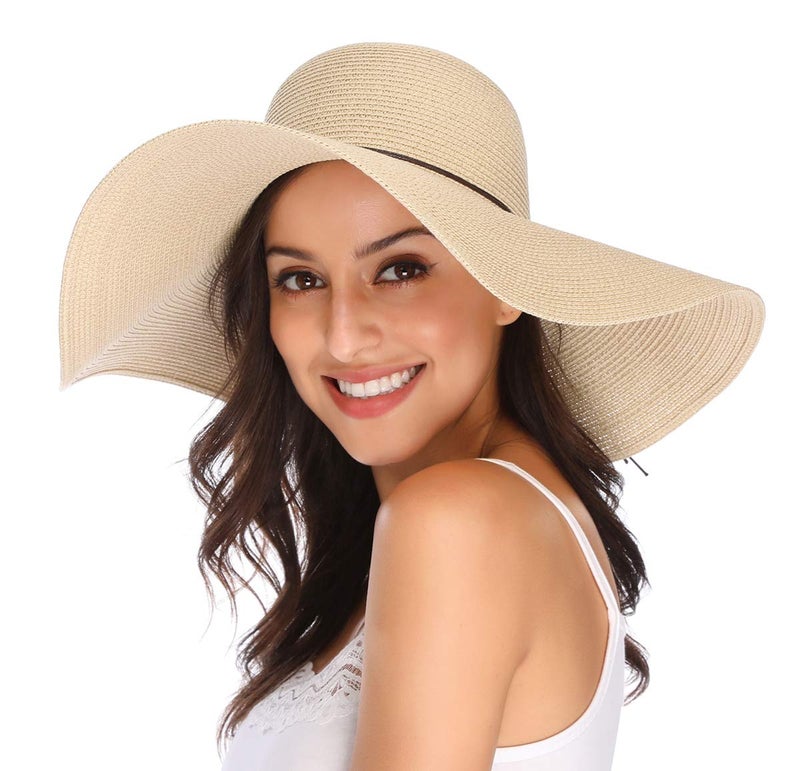 Lanzom Womens Wide Brim Straw Hat Big Floppy Foldable Roll up Cap Beach Sun Hat UPF 50+(String-Beige) - Image 4