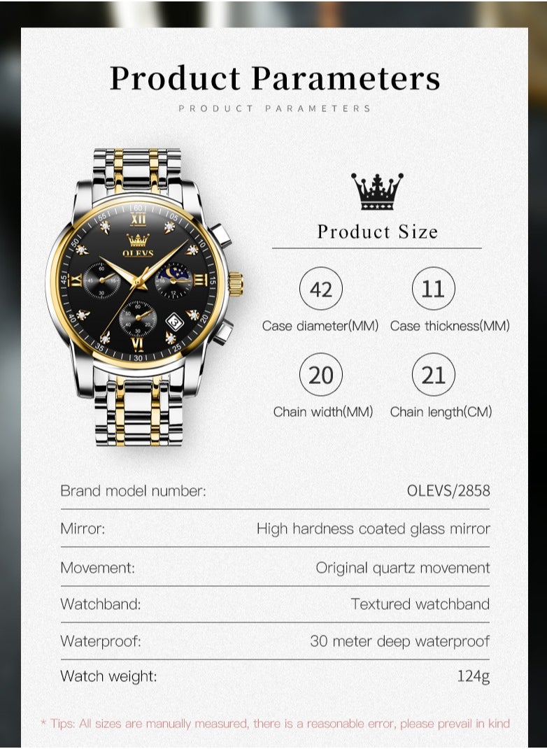 OLEVS - Watches For Men Stainless Steel Quartz Chronograph Water Resistant Watch 2858 41mm - Image 1